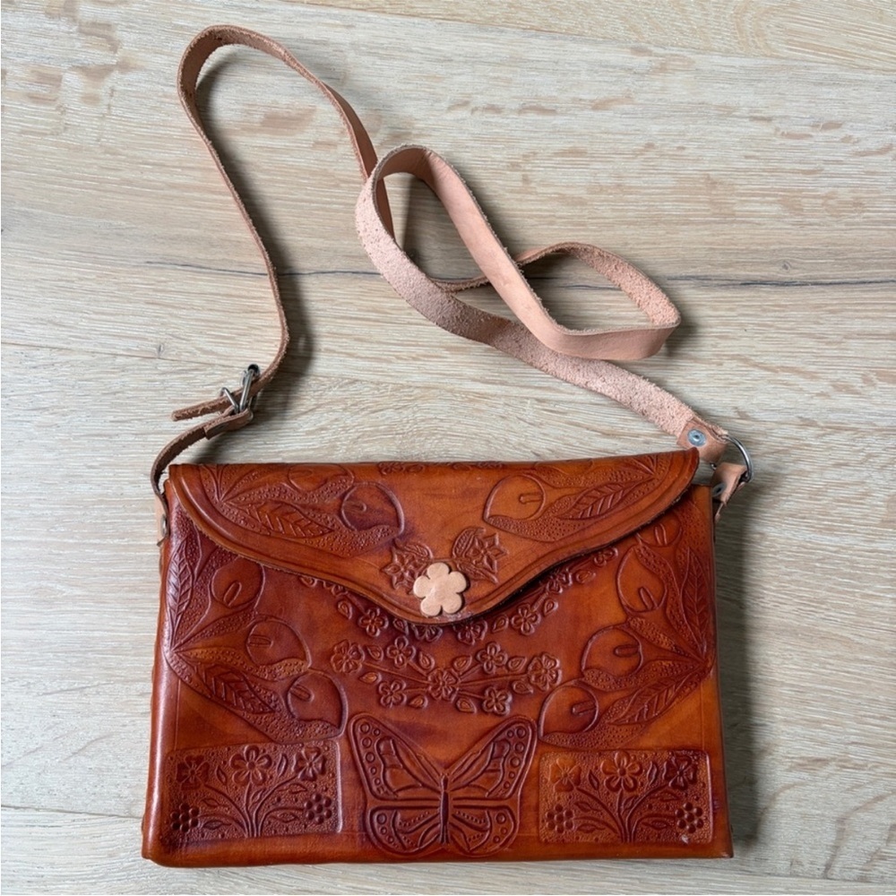 Hand Tooled Leather Crossbody Bag Floral Butterfly Bohemian Western Purse *L13
